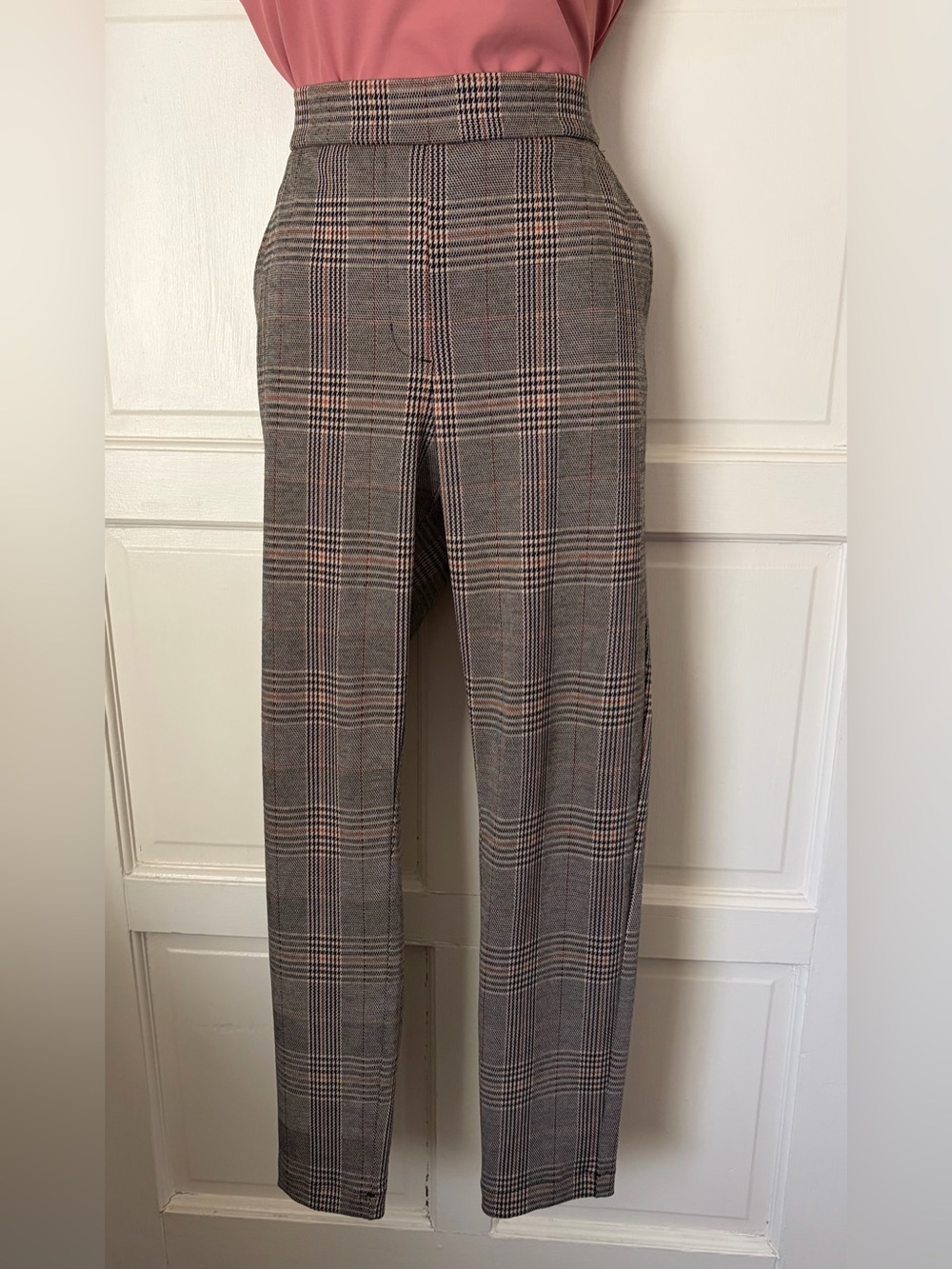 Express Plaid High-Waist Dress Pants in Gray with Pink Stripes